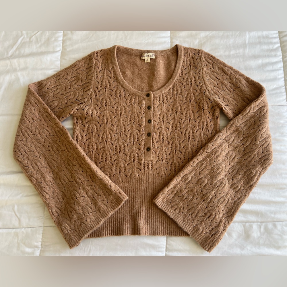 Poem & Thread Wool Blend Crochet Knit  Henley Sweater Wide Sleeve Size Small